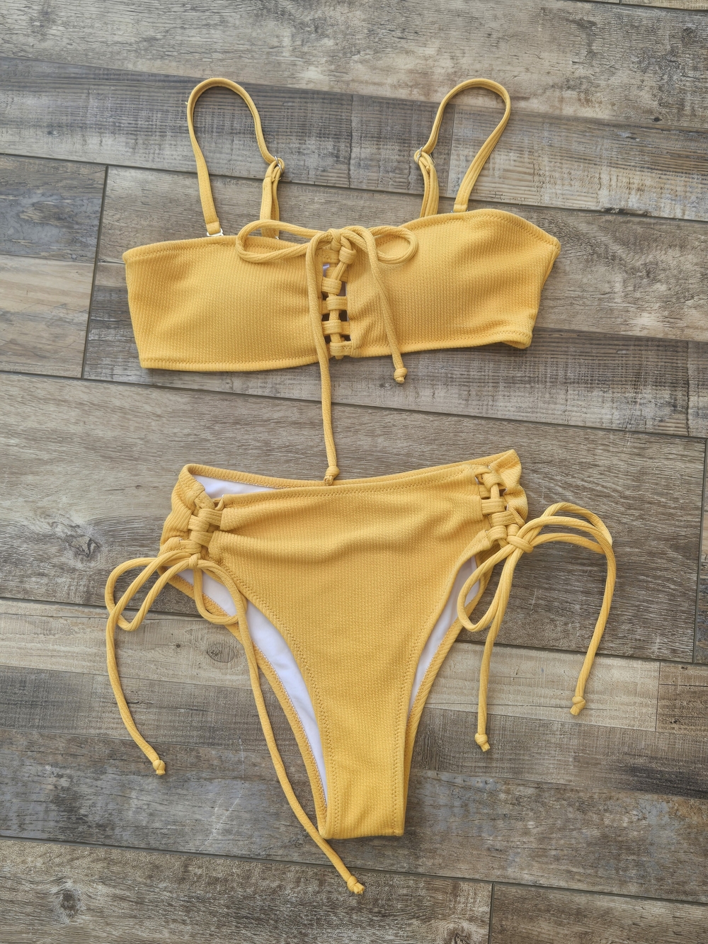 Zaful Yellow Ribbed Bikini Set Small High Waisted Lace Up Bandeau Swimsuit 2pc
